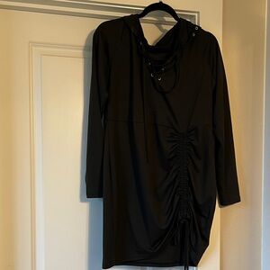 SHEIN Black Hooded Long-Sleeve Ruched Dress